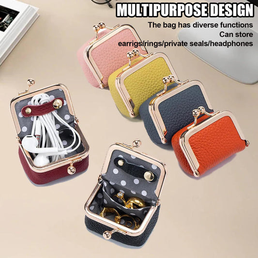 noxozoqm Genuine Leather Mini Jewelry Box,Mini Jewelry Organizer for Women,Portable Vintage-inspired Genuine Leather Coin Purse Jewelry Case with Kiss Lock,Mini Travel Jewelry Case Organizer (Blue)