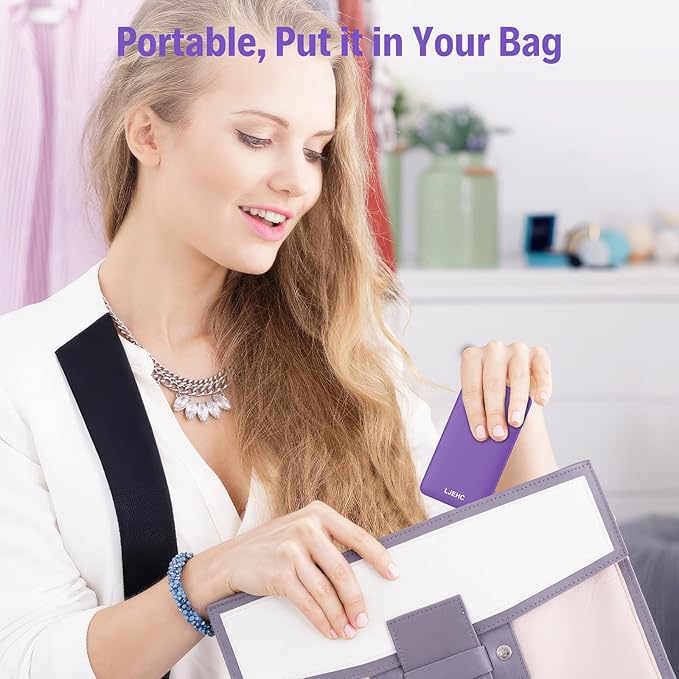 10000mAh Slim Power Bank with Built in Cable,Thin Lightweight Portable Phone Charger,4 Output USB C Travel Essentials External Battery Pack Clutch Charger for iPhone,Samsung,Android,Heated Vest,Purple