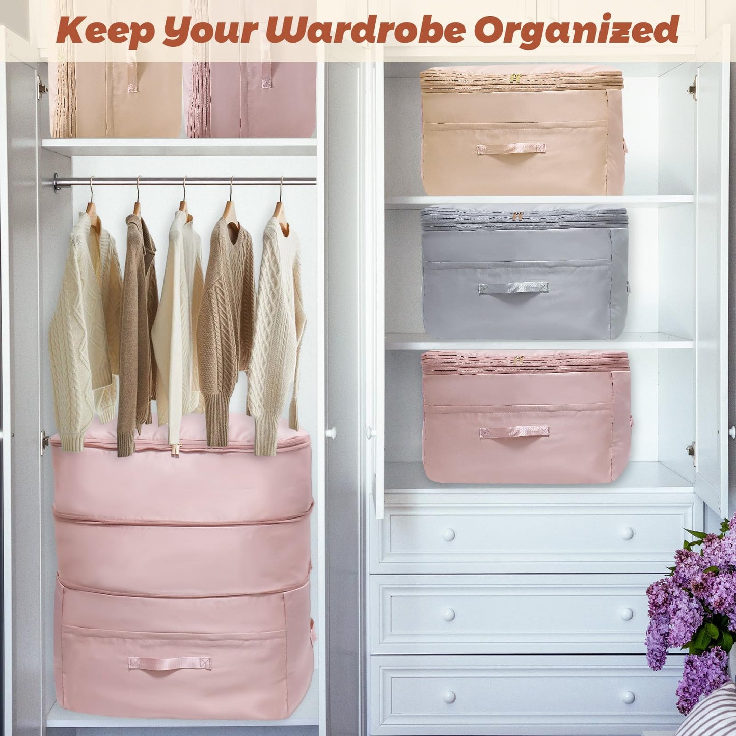 Ultra Space Saving Self Compression Organizers, 2 Pack Double Zipper Compression Packing Cubes for Bedding, Comforter Storage Bag for Blankets Duvet Quilts Pillows Queen King (Gray, X-Large)