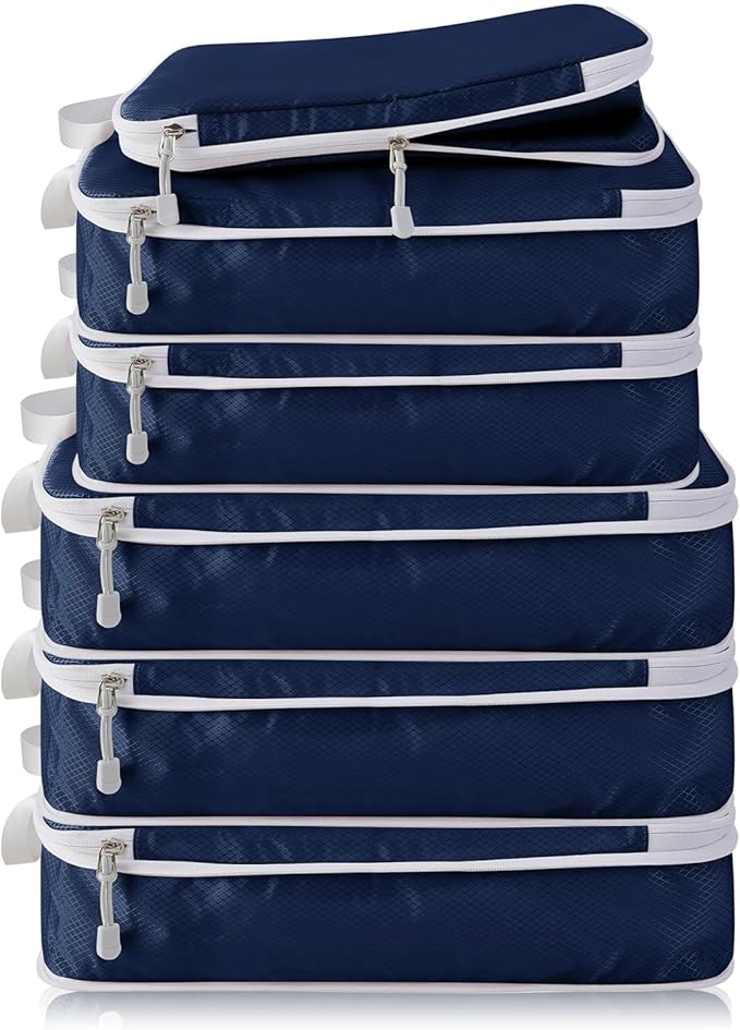 Compression Packing Cubes, 6 Set Packing Cubes for Travel Compression, Lightweight Compressible Package Organizer for Carry On and Suitcases, Navy and White