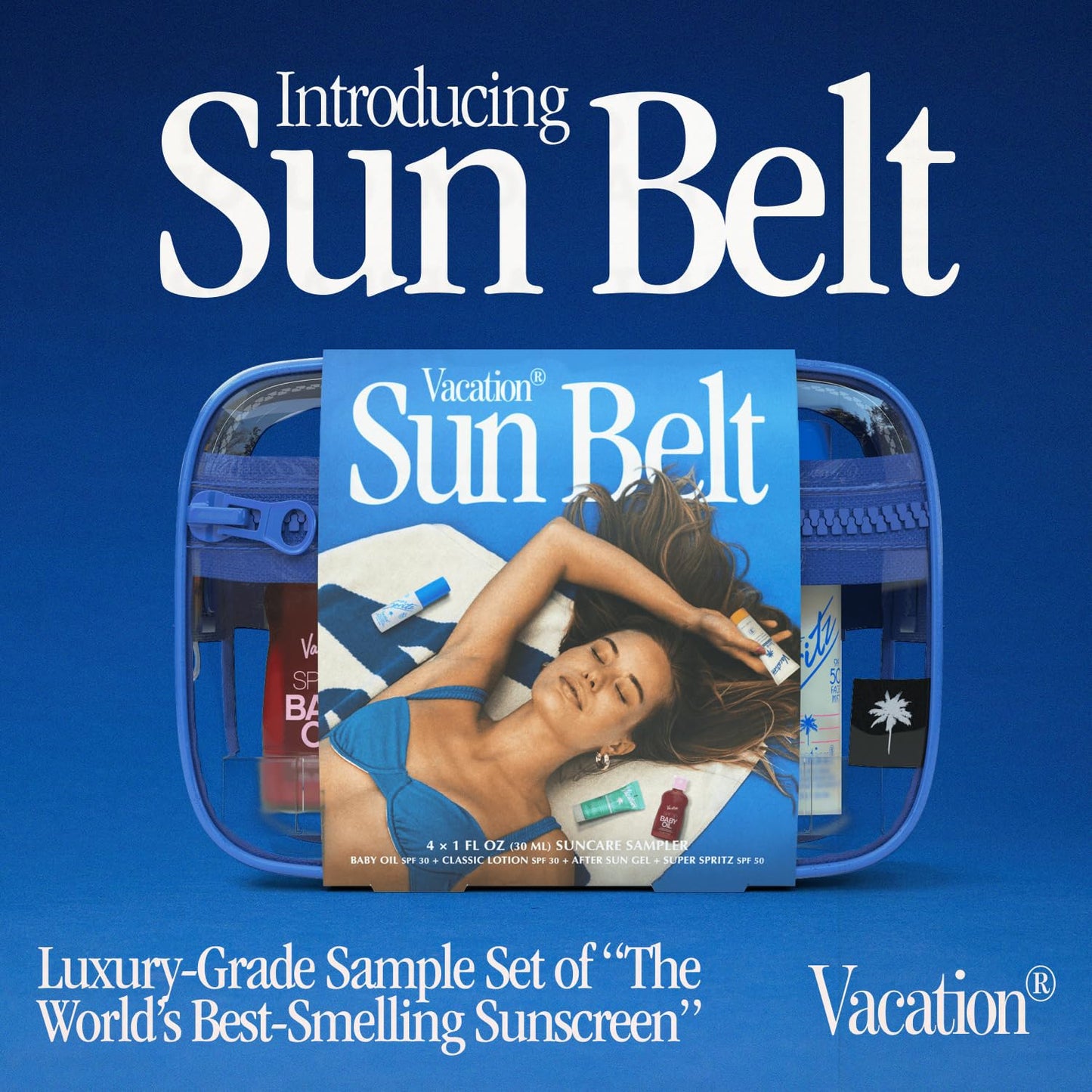 Vacation Sun Belt Sampler, Includes Baby Oil SPF 30, Super Spritz SPF 50 Face Mist, Classic Lotion SPF 30, After Sun Gel,“Festival Friendly” Fanny Pack
