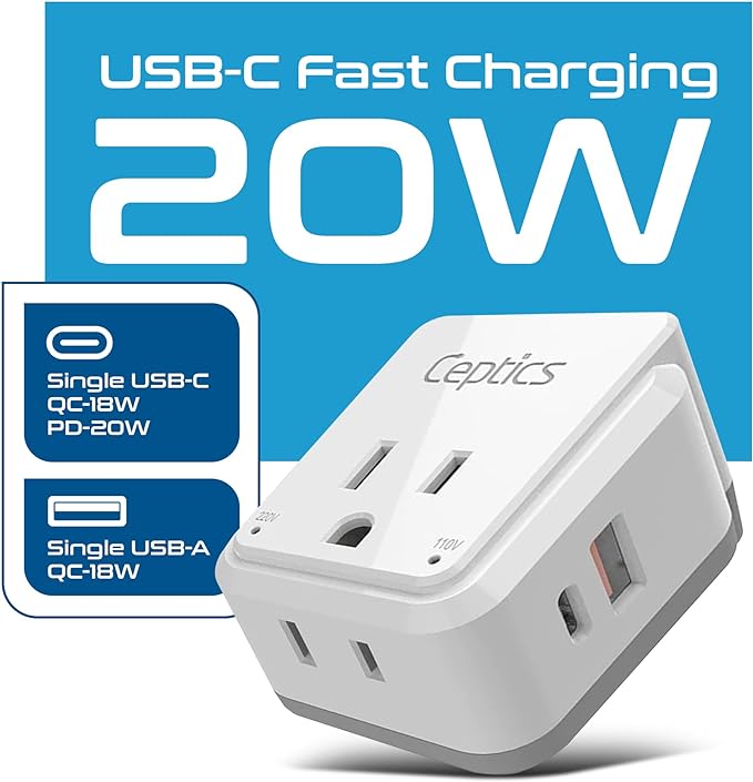 Ceptics Brazil Power Plug Adapter Travel Set, 20W PD & QC, Safe Dual USB & USB-C 3.1A - 2 USA Socket - Compact & Powerful - Also Use in Peru, Chile - Includes Type C, Type N Swadapt Attachments
