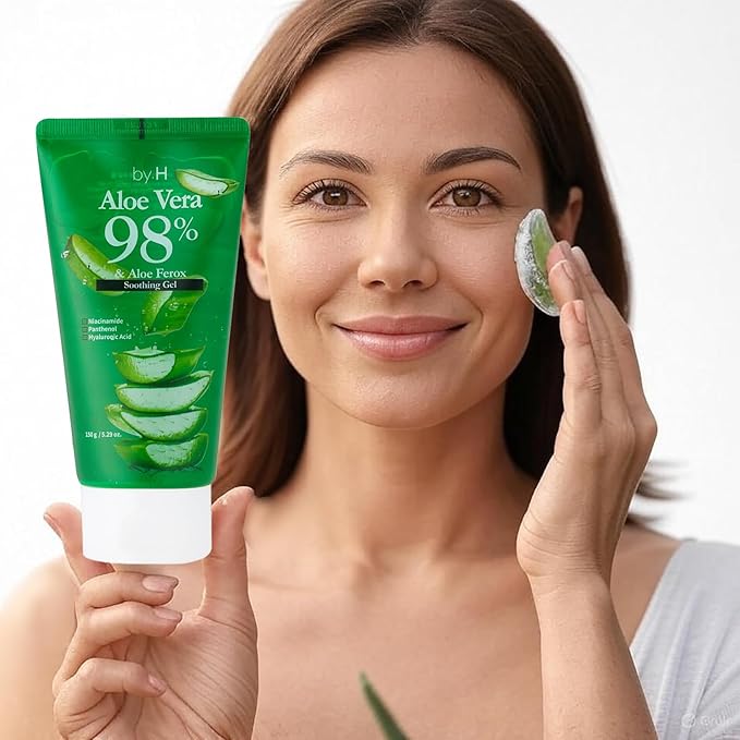 by.H Pure & Organic Aloe Vera Gel for Face - Natural Beauty Moisturizer for Facial Skin - Non-Greasy Primer & Soothing Formula [Made in Korea] (Tube 1Pack)