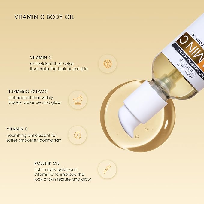 Advanced Clinicals Brightening Vitamin C Body Oil For Women & Men | Vitamin C Glow Oil Skin Care Body Moisturizer With Vitamin E + Botanicals To Help Improve Look Of Dark Spots + Dry Skin, 3.8 Fl Oz