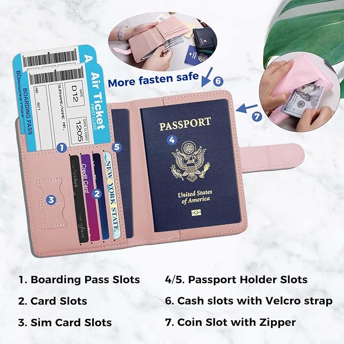 Cnycmy Passport Holder with RFID Blocking, Cash Pocket & Back Zipper Coin Pocket - Travel Document Holder, Magnetic Button, Multiple Card Slots - Soft PU Leather for Men and Women (PINK)