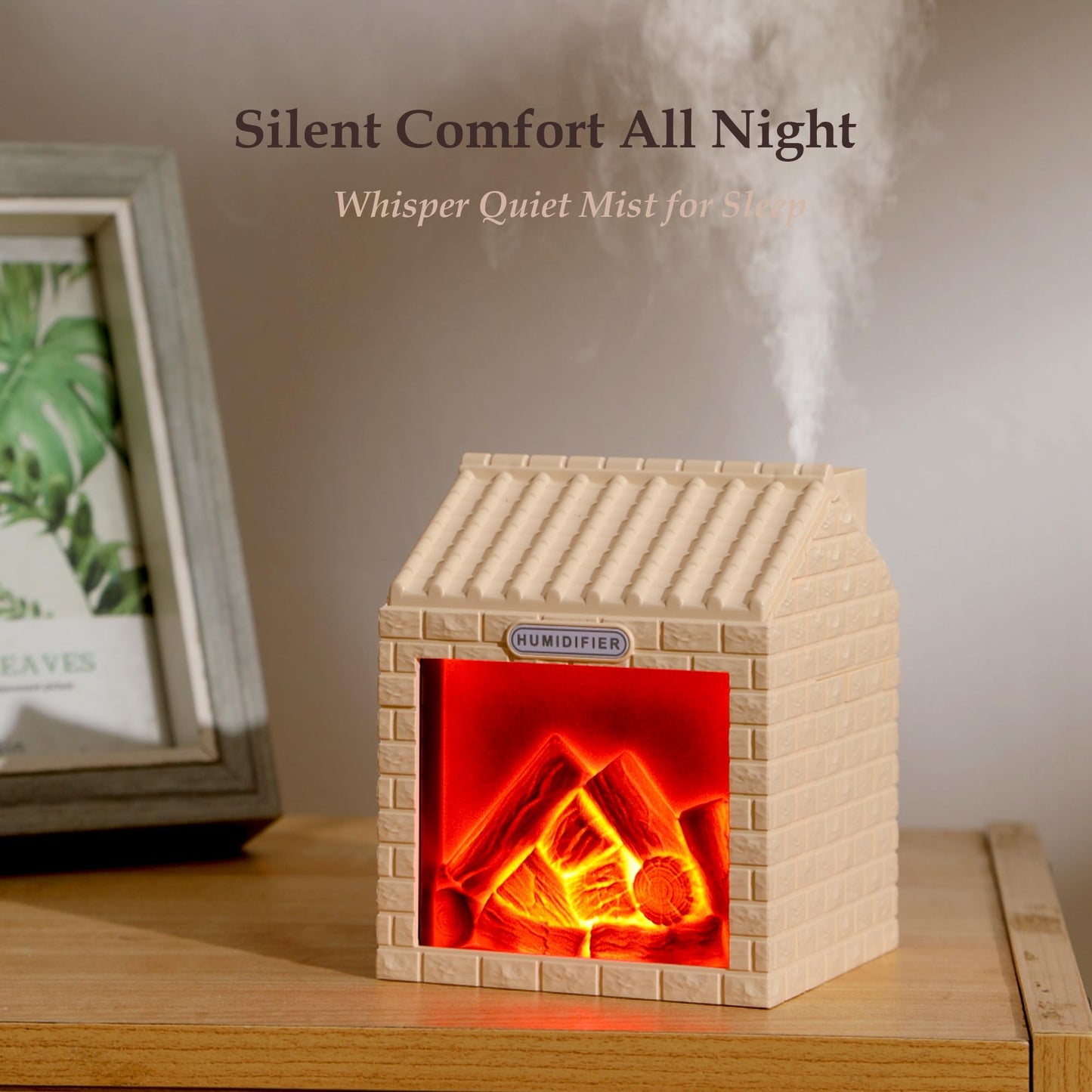 Mini Fireplace Cool Mist Humidifier with Flame Light, USB Powered, Auto Shut-Off, Portable for Bedroom Office Travel, 200ml, Coffee Brown