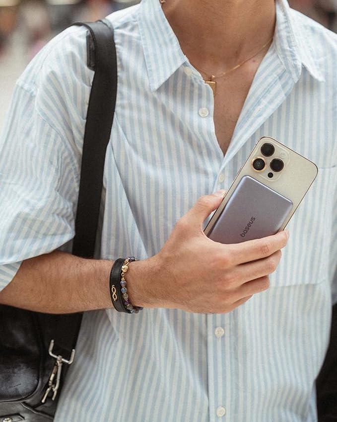 Baseus Picogo Power Bank, 0.3" Ultra Slim 5000mAh MagSafe Portable Charger, Card-Size Magnetic Battery Pack with USB-C Braided Cable, Alloy Wireless Charger for iPhone 17 Pro Max/17 Air/16/15/14/13/12