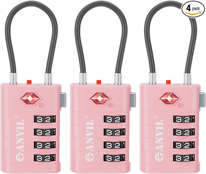 ANVIL 4 Digit Luggage Locks, TSA Locks for Luggage, Advanced TSA008 core, Alert Indicator for Your Travel Lock, Suitcase Lock. (3, Pink)