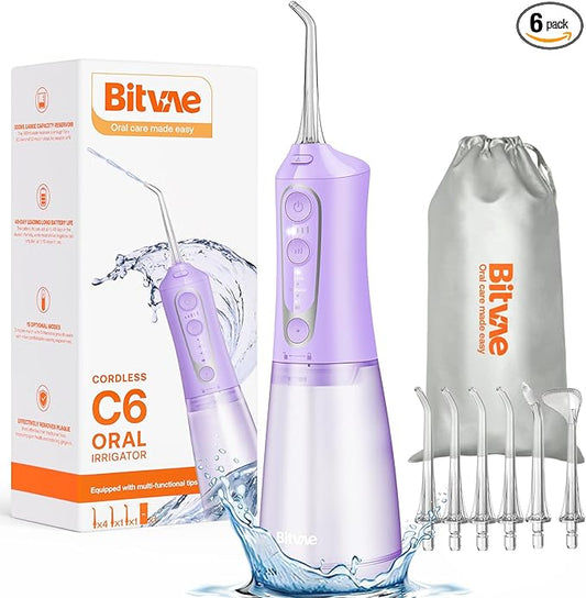 Bitvae Water Dental Flosser Teeth Pick, Cordless Flosser for Travel with 6 Jet Tips, 3 Modes 5 intensities, IPX7 Waterproof Portable & Rechargeable Oral Irrigator Cleaner, Purple
