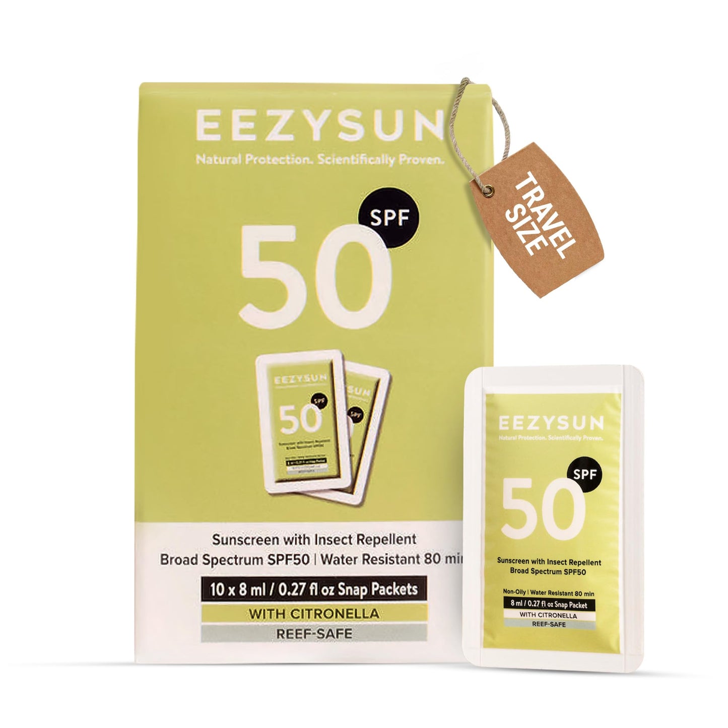 EEZYSUN SPF 50 Sunscreen and Insect Repellent Snap Packets - Sunscreen Travel Size Bug Repellent with Citronella Oil, Lemongrass, and Neem Oil - Reef-Safe Repellent - 10 Snap Packets (0.27 fl oz each)
