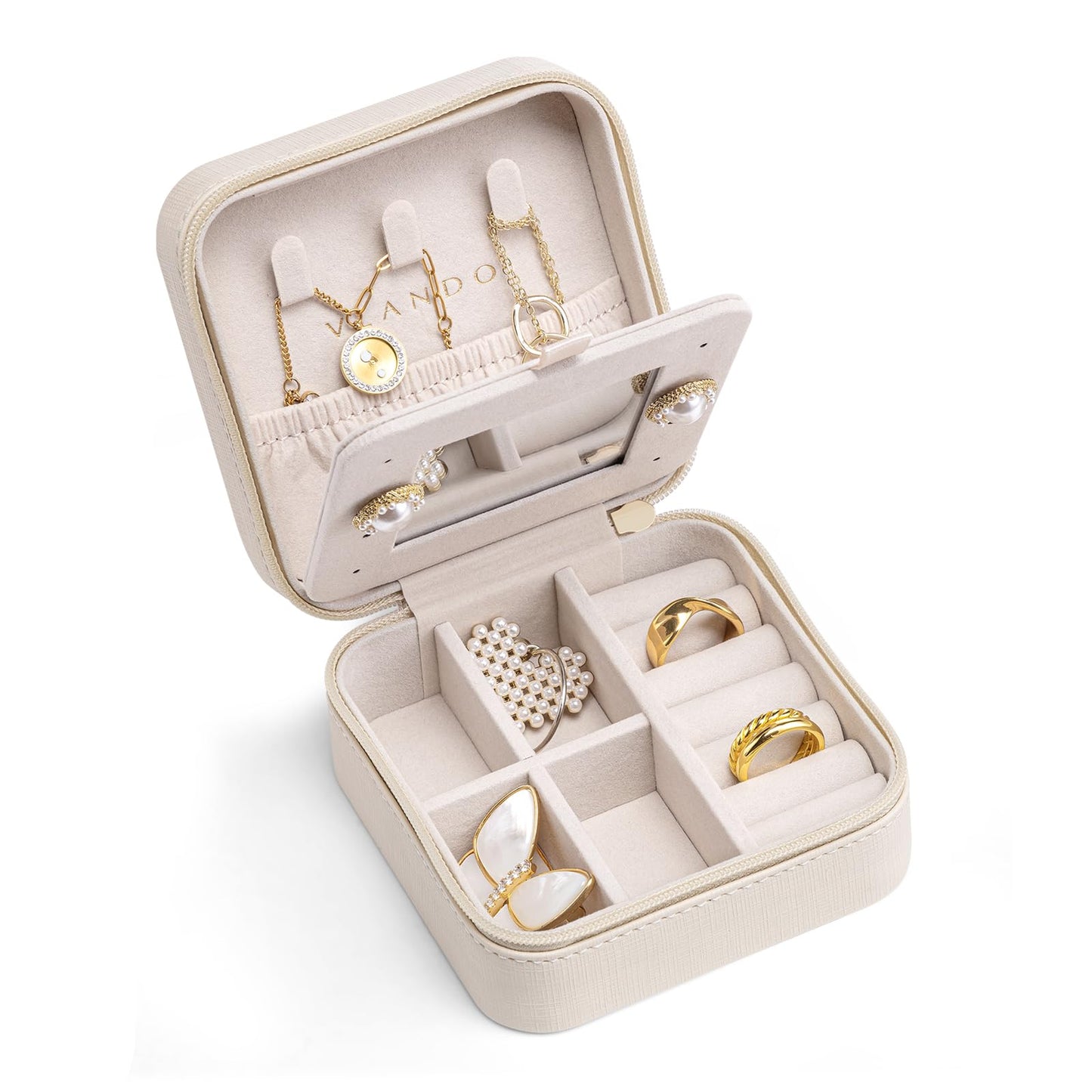 Vlando Small Travel Jewelry Box Organizer - Mirrored Carry-on Jewelries Necklaces Rings Earrings Necklace Storage Case, Beige