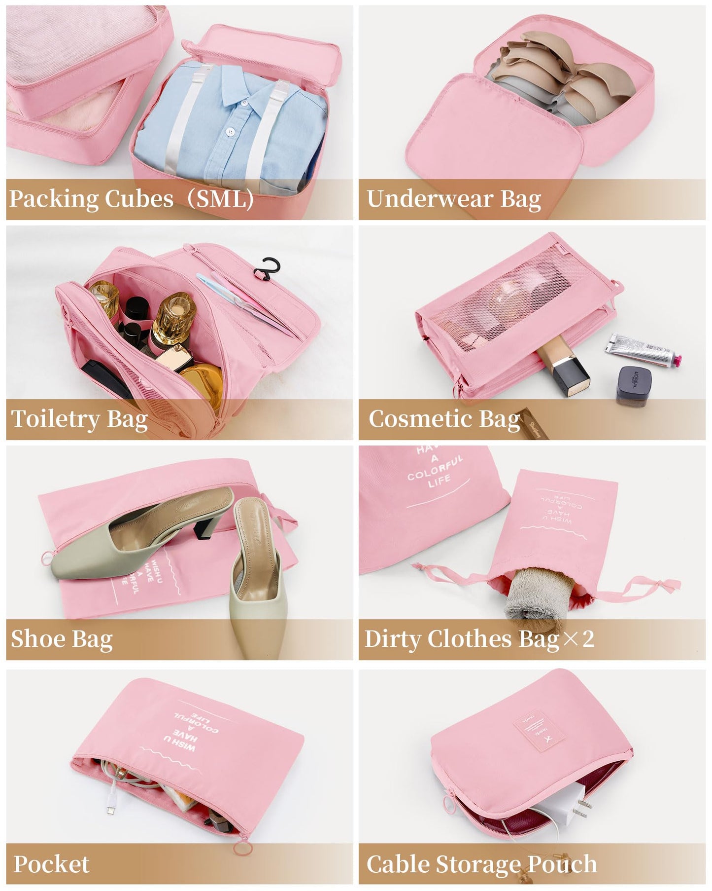 TRMFUSA Packing Cubes 11 PCS, Mesh Breathable Luggage Organizers Bags, Packing Organizers, Durable Travel Essentials Bags Set, Travel Packing Organizers, Pink