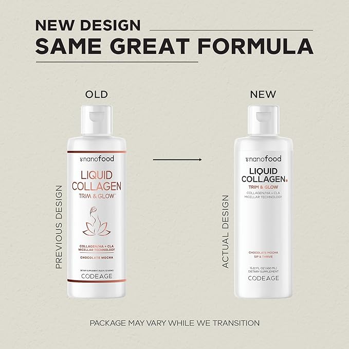 Codeage Liquid Collagen Supplement Chocolate Flavor, Beauty Trim & Glow Liposomal Collagen Peptides, CLA Conjugated Linoleic Acid, Hyaluronic Acid, Vitamin E, Hydrolyzed, Non-GMO, 15.22 fl oz