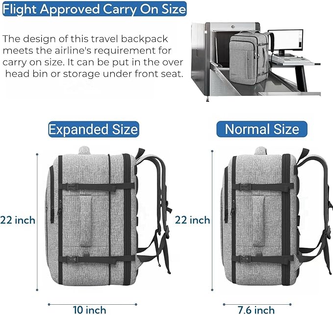 55L Carry On Backpack, Extra Large Travel Laptop Backpack for Men & Women, 60L Expandable Big Capacity For Airplanes, Travel Gifts for Men Women, Fits 18.4 Inch Laptop, Luggage Suitcase Bag, Grey