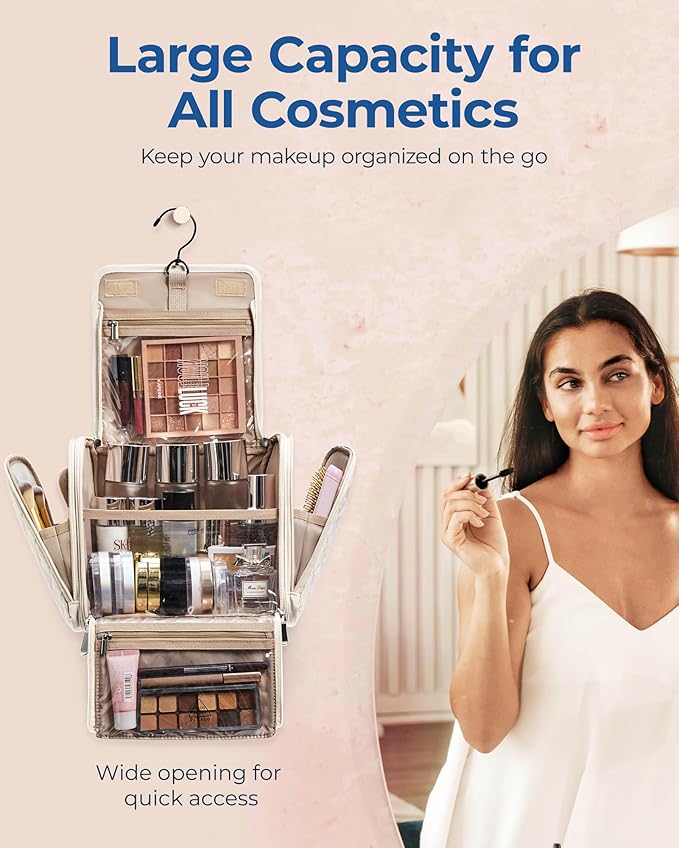 BAGSMART Toiletry Bag Travel Makeup Bag with Hanging Hook, Cosmetic Bag Make Organizer Case, Large Capacity Water-resistant Organizer for Toiletries Accessories Brushes Sponge, Beige