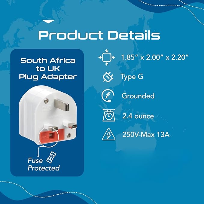 Ceptics GP-SA-UK South Africa to UK Grounded Plug Adapter (250V - Max 13A), White