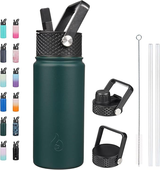 BJPKPK Insulated Water Bottles with Straw Lid, 18oz Stainless Steel Metal Water Bottle, Cold Hot Thermo with 3 Lids, Leak Proof BPA Free Travel Cup, Wide Mouth Flasks, Thermo-Army Green