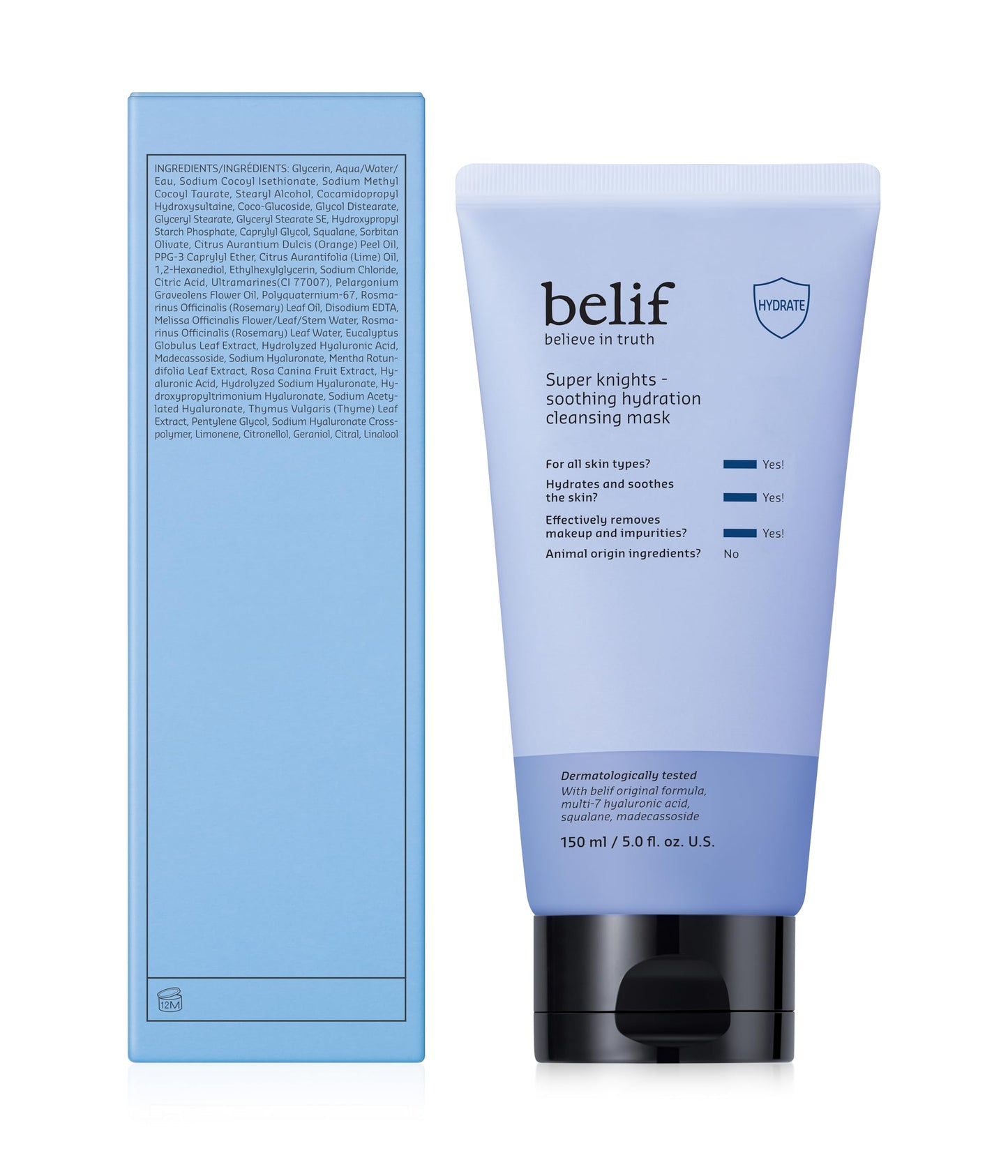 belif Super Knights - Soothing Hydration Cleansing Mask, 3-in-1 Facial Mask & Cleanser with Hyaluronic Acid, Squalane, Madecassoside | For Dry and Sensitive Skin | Korean Skincare (5.0 fl. oz)