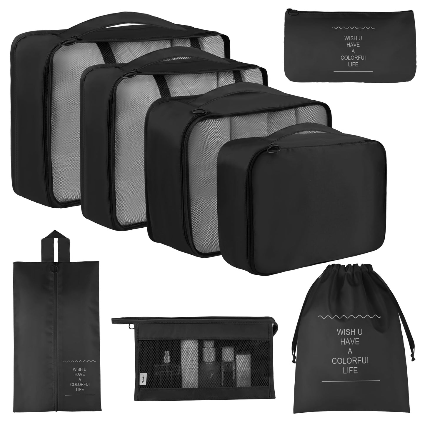Vercord 8 Set Travel Packing Cubes Luggage Organizers Cubes for Suitacse With Toiletry Bag Black
