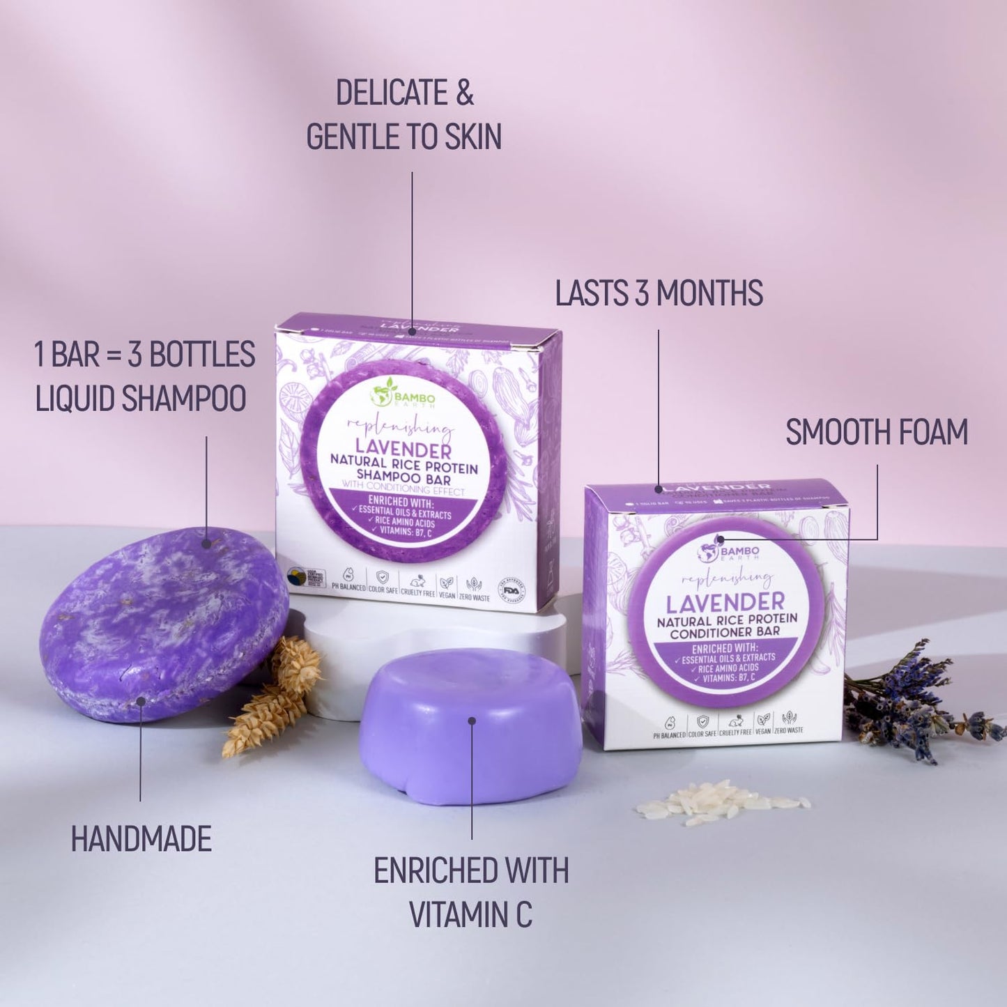 Solid Rice Protein Water Shampoo & Conditioner Hair Soap – Shampoo and Conditioner Bars For Hair With All Natural Plant Based Essential Oils And Zero Waste Packaging (Lavender)