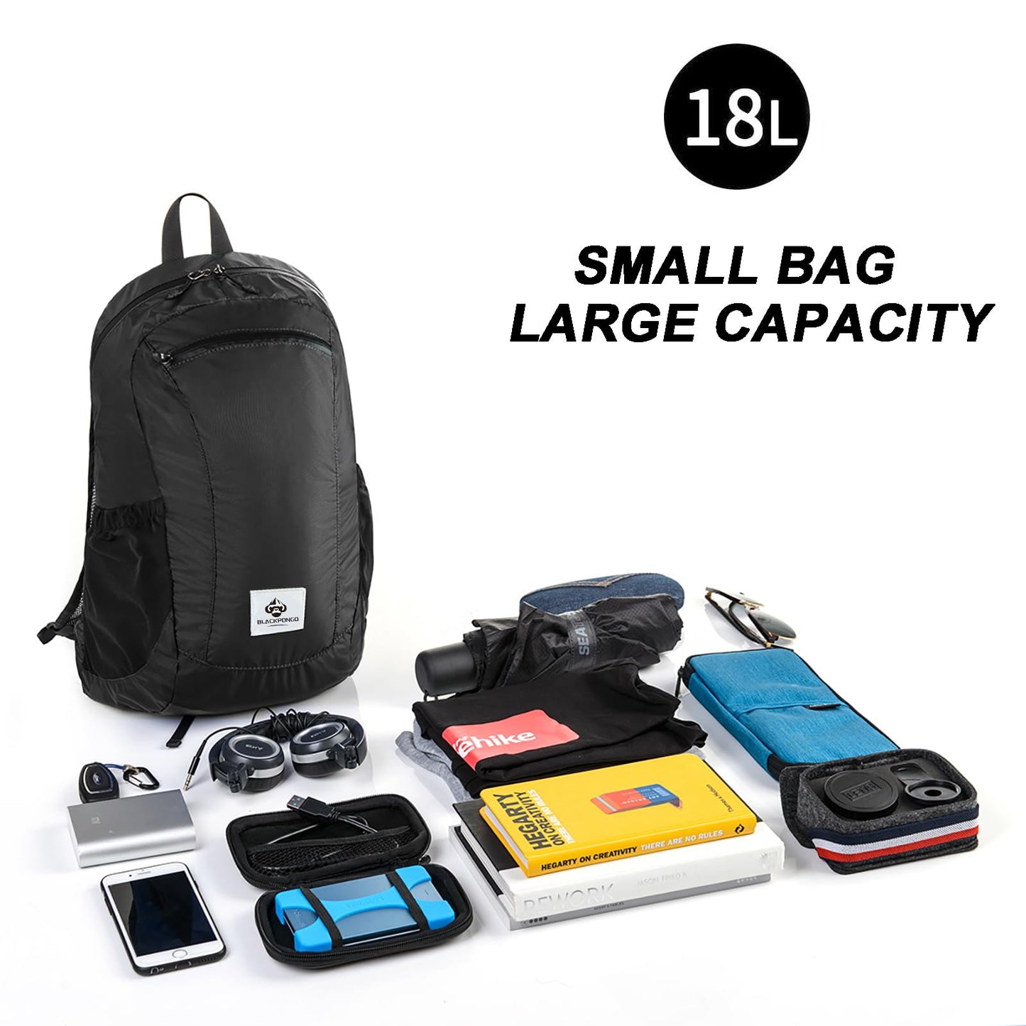 Small Backpack 18L Lightweight Packable Backpack for Travel, Airplane Travel Hiking Daypack(Black)