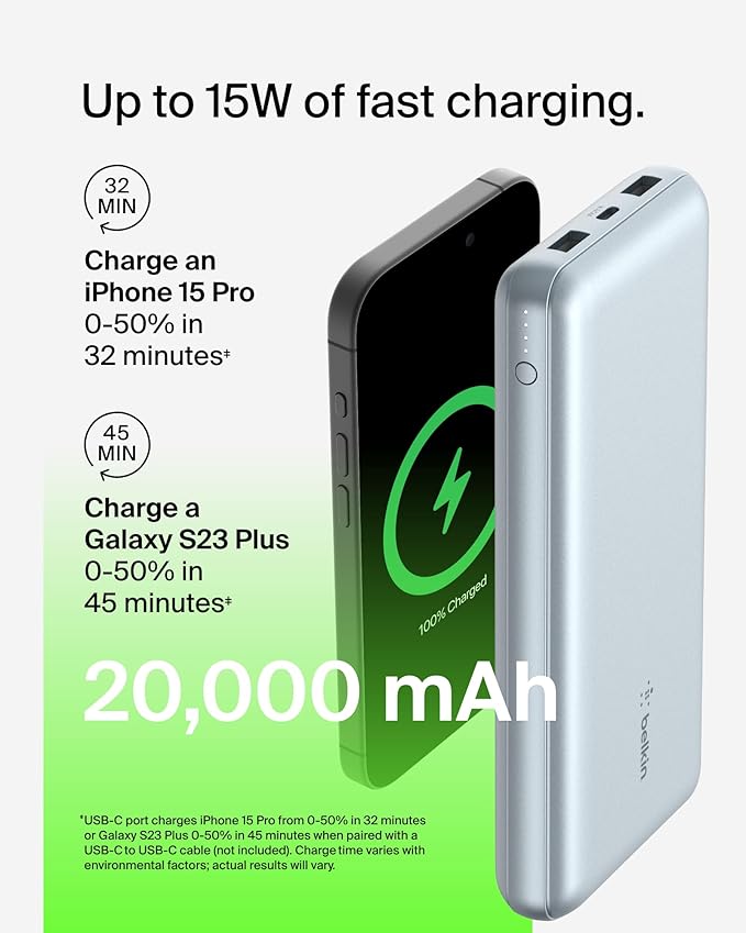 Belkin Portable Charger, USB-C Power Bank 20000 mAh w/ 2 USB-A Ports, 15W w/Type-A to Type-C Cable for iPhone 17, Air, Samsung Galaxy S25, iPad, Nintendo Switch 2, Google Pixel 10, etc. - Pearl Blue