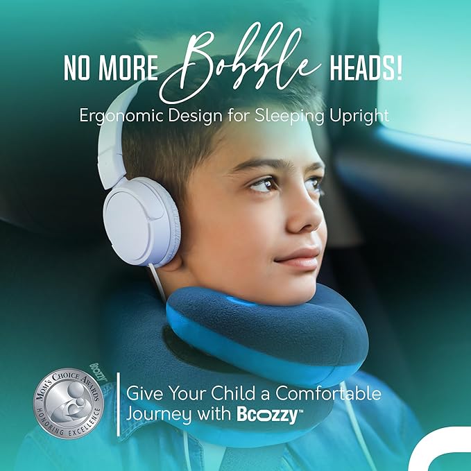BCOZZY Kids Travel Neck Pillow (8-12 Y/O) – Patented Soft Child Pillow for Head & Chin Support in Car, Airplane, and Road Trip Sleeping. Adjustable Size. Carry Bag. Fully Washable. Medium, Navy