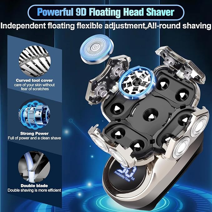 9D Head Shavers for Bald Men: Upgraded 6 in 1 Detachable Bald Head Shavers with LED Display - Wet/Dry Electric Razor for Men - Travel Lock Electric Shaver Grooming Kit with Type-C Charge