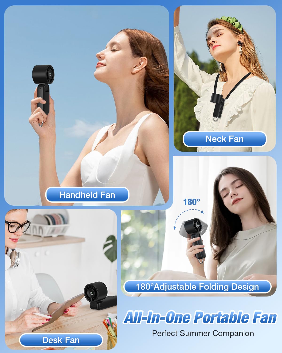 4 in 1 Handheld Portable Turbo Fan, 180° Foldable 6-Speed (1-100) Mini Fan, 5000mAh Rechargeable Battery Operated up to 15 Working Hours, LED Display Personal Cooling for Travel Indoor Outdoor Black