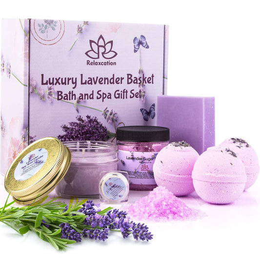 Gift Basket for Women Organic Lavender Gift Set, Bath and Body at Home, Spa Kit, Soy Wax Candle, Natural Oil Bath Salt, 3 Bath Bombs, Soap Bar, Body Sugar Scrub, for Mom, Girls - Made in USA