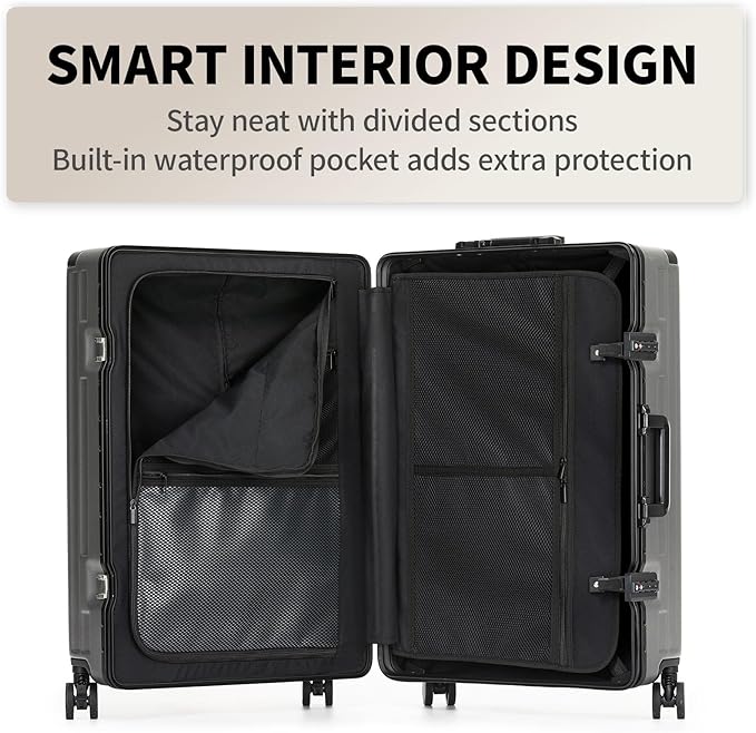 20 Inch Zipperless Carry On Luggage 22x14x9 Airline Approved With Spinner Wheels,Aluminium Frame Hard Shell Travel Suitcase with TSA Approved Cup Holder USB Port Holder for Women Men,Grey