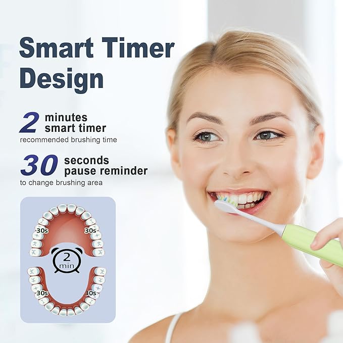 7AM2M Sonic Electric Toothbrush for Adults and Kids, with 8 Brush Heads and Travel Case,5 Modes with 2 Minutes Build in Smart Timer, One Charge Use for 90 Days, Rechargeable Toothbrushes (Light Green)