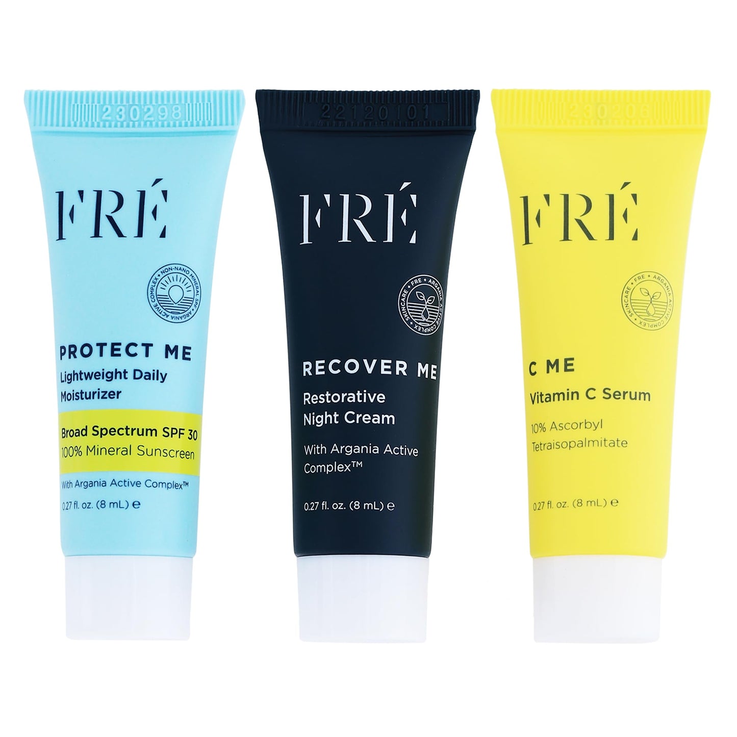 FRE DELUXE Mini Must Haves Skin Care Set with C ME, PROTECT ME & RECOVER ME- Anti Aging Vitamin C Brightening Serum, Face Moisturizer SPF 30 Travel Size Mineral Sunscreen & Restorative Night Cream