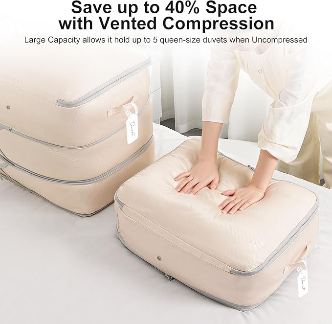 Comforter Storage Bag - Large Capacity Blanket Storage Bags 3-Layer Ultra Space Saving Self Compression Organizer, Washable Compression Bags for Storage Comforter Blanket, 6-Pack, Beige