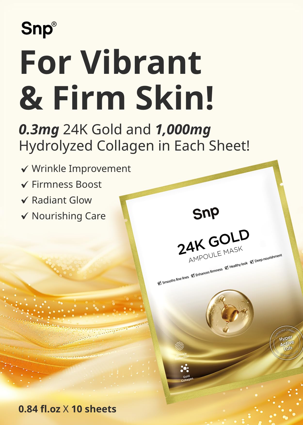 SNP 1000mg Collagen + 24K Gold Ampoule Sheet Mask | Collagen Face Masks Skincare | Tightening, Hydrating, and Nourishing | Korean Skin Care | Overnight Face Masks | Moisturizing Face Mask | 10 Sheets
