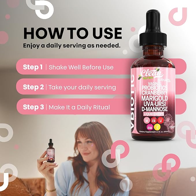 Clean Nutraceuticals VBiotic Vaginal Probiotic for Women Liquid Drops | Cranberry Uva Ursi Horsetail D-Mannose Prebiotics Marigold & Black Cohosh Vaginal Health Supplement | pH Balance