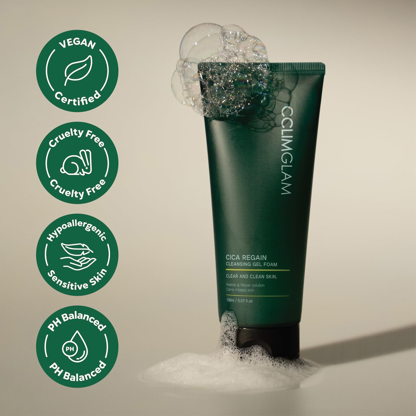 CCLIMGLAM CICA Regain Cleansing Gel Foam 150ml(5.07Fl.Oz), Vegan Mild Skin Barrier Cleanser for Sensitive, Pore and Sebum Care, Calming Soothing Effect, Clean Beauty, Korean Skin Care