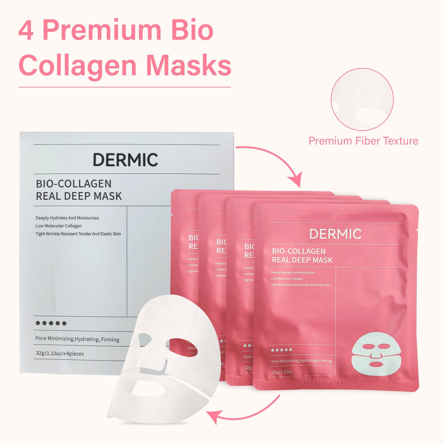 DERMIC Bio-Collagen Face Mask – Hydrating & Firming Korean Sheet Mask with Hyaluronic Acid, Anti-Aging Overnight Skincare, Pore Minimizing & Moisturizing Treatment, 32g, 4 Pack