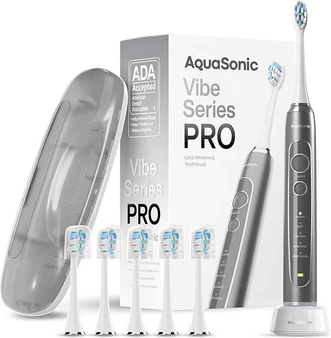 Aquasonic Vibe Series PRO – Ultra-Whitening Electric Toothbrush – 5 Modes & Smart Timers – Premium Travel Case & 6 Proflex Brush Heads – ADA Accepted Toothbrush (Charcoal Metallic)