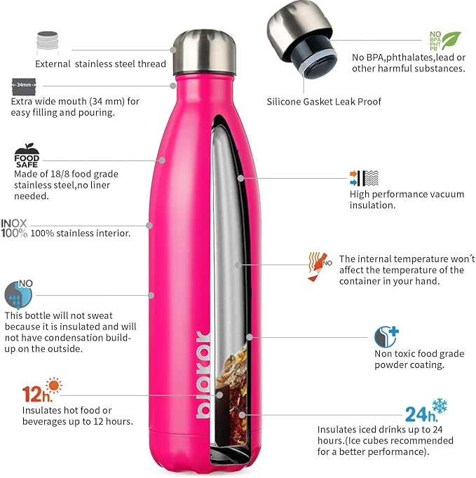 BJPKPK 25oz Insulated Stainless Steel Water Bottles,Sports Water Bottles Keep Cold for 24 Hours and Hot for 12 Hours,Pink