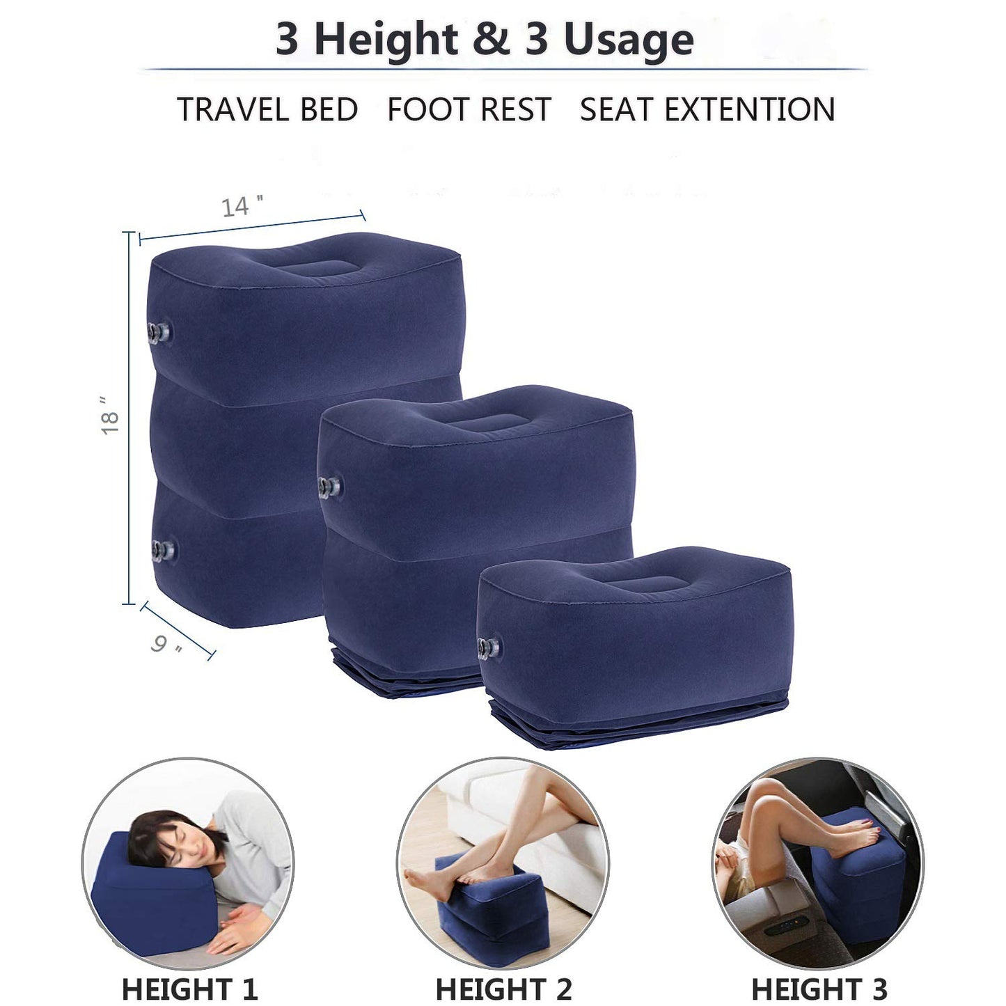 Inflatable Travel Foot Rest Pillow, Adjustable Height Leg Rest Pillow for Cars, Home, Office, Trains, Airplane, Make a Flat Bed for Baby, Kids, Toddlers, with 2in1 Storage Bag (1 Pack)