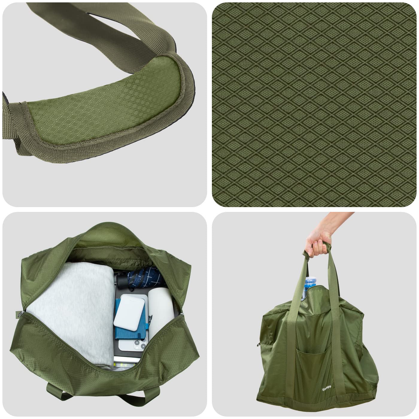 Vimapo Foldable Travel Duffle Bag with Trolley Sleeve 40L - 18x14x8 inches Airline Underseat Lightweight Travel Bag - Packable Ripstop Nylon Carry on Bag (Army Green)
