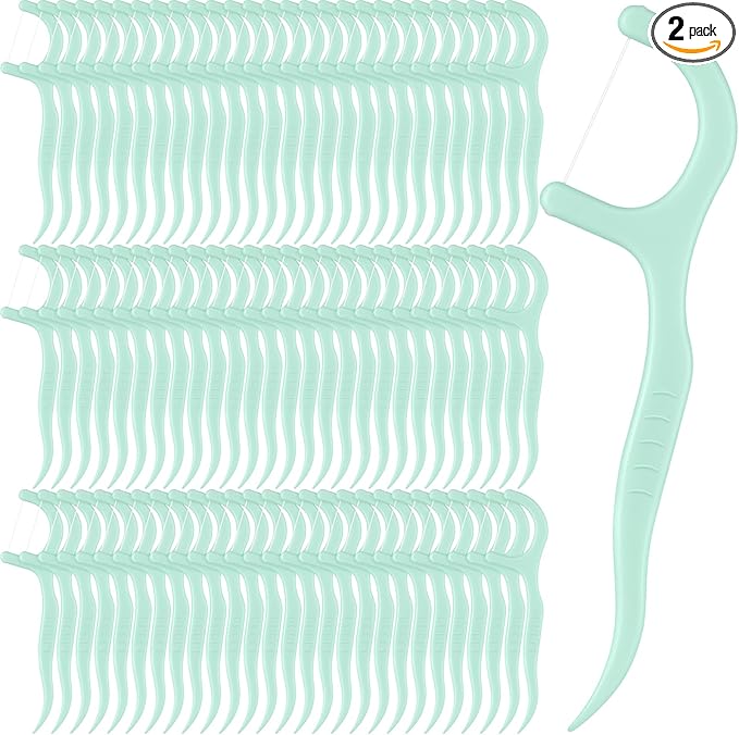 Baderke 200 Count Floss Picks Bulk Non Breakable Tooth Picks Flosser Dental Floss Sticks for Adults Teeth Cleaning Dental Flossers for Family Pack Travel(Light Green)