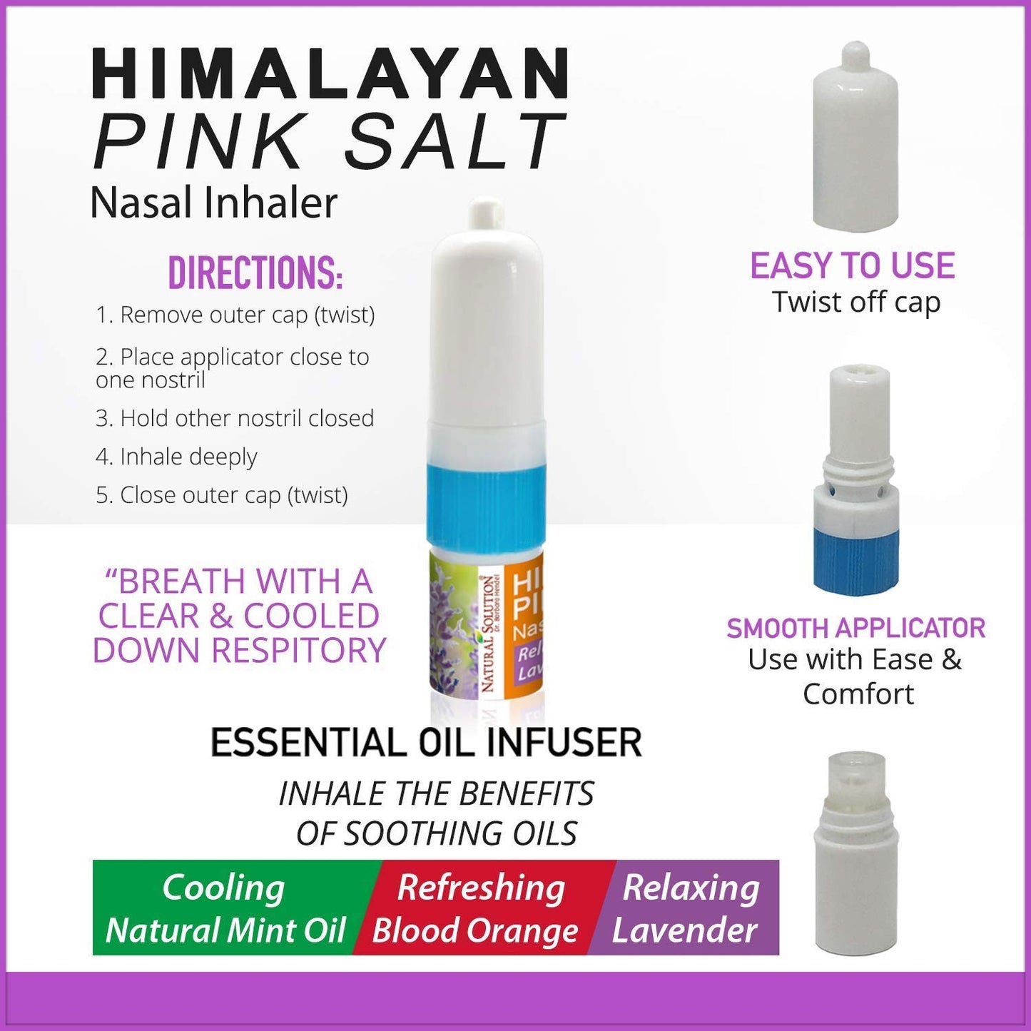 Natural Solution Himalayan Salt Inhaler, Help Clear Congestion, Boost Focus and Improve Breathing with Relaxing & Refreshing Lavender Aromatherapy, Pack of 3