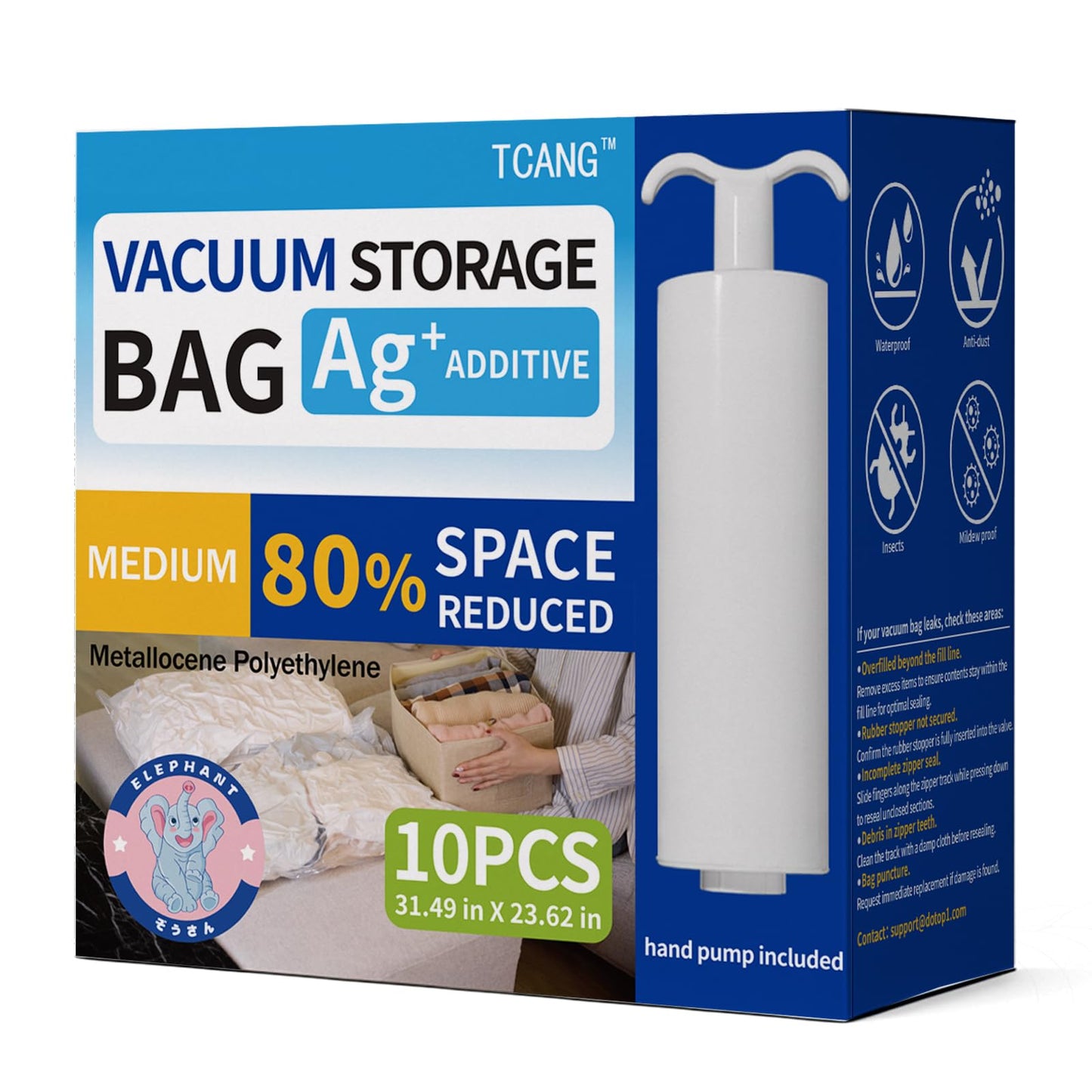 10 Pack Medium Vacuum Storage Bags,Sturdy Leak-Free Vacuum Seal Bags,Reusable 80% Space Saver Vacuum Seal Bags for Clothes, Pillows,Bedding, Blankets, Comforters,Travel Luggage,Hand Pump Included