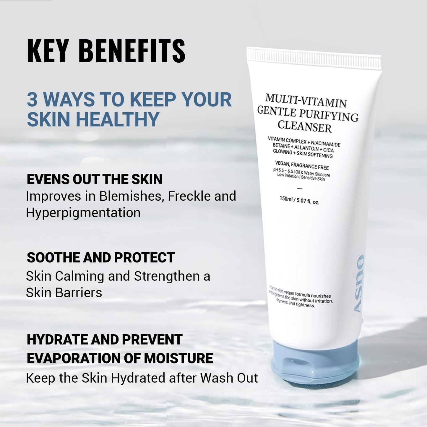 ASNO Multi Vitamin Gentle Purifying Cleanser 150ml – Low pH Vegan Face Wash for Sensitive Skin, Hydrating Deep Cleanse with Fine Bubble, Lemon + Niacinamide + Centella Asiatica, Korean Skincare