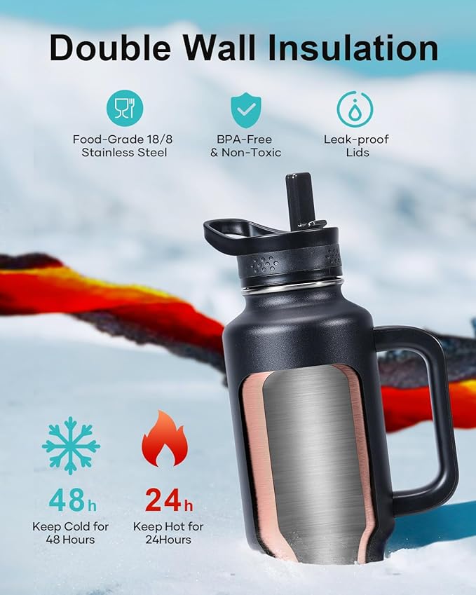 BUZIO Insulated Water Bottle with Handle & Flip Straw, 40oz Metal Travel Tumbler Fits in Cup Holders, Dishwasher Safe Leakproof Reusable Sport Mug, Gift for Women & Men, Keep Cold for 48hrs, Black