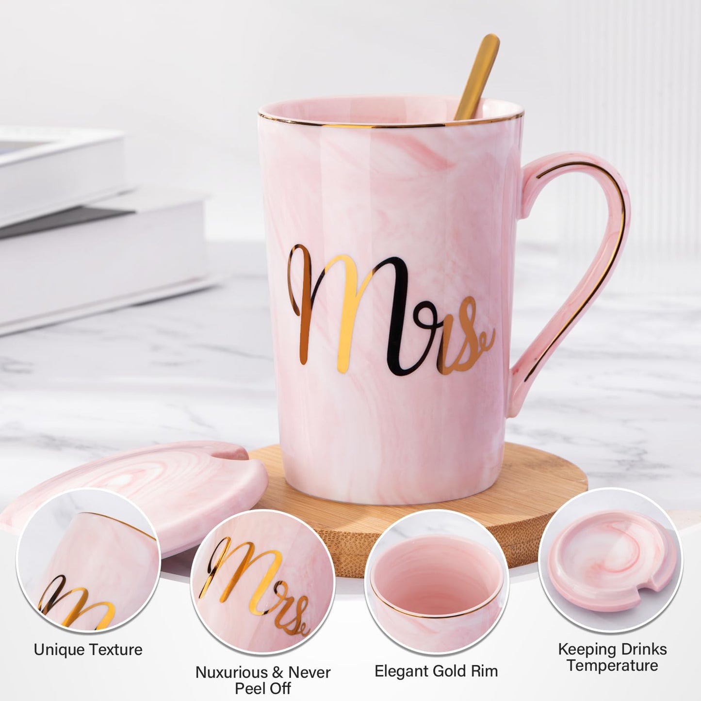 Biching Wedding Gifts for Couples 2025, Couple Gift for Anniversary - 14oz Ceramic Marble Mr and Mrs Mugs Set, Present for Bridal Shower Engagement Bride and Groom, with Greeting Card, Luxury Gift Box