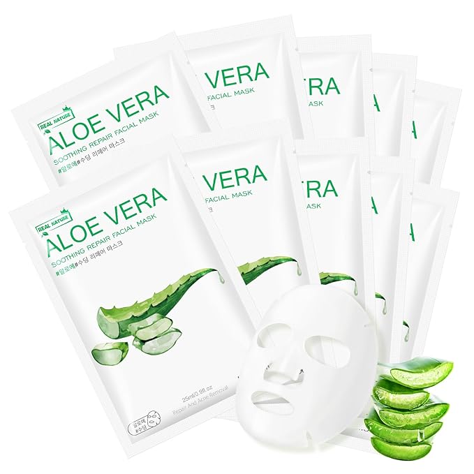 10 Sheets Aloe Vera Face Masks Skincare, Hydrating Face Mask Skincare For Dry, Oily, Sensitive Skin, Aloe Facial Masks Skin Care Sheet For Moisturizing, Soothing, Calming, Sun Care