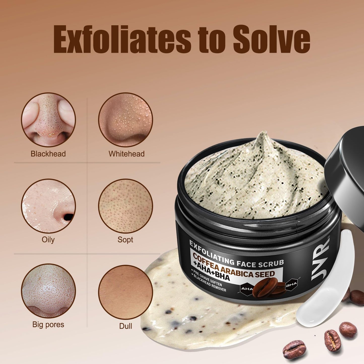 JVR Face Scrub for Men, Facial Scrub for Deep Exfoliating, Cleansing, Removing Blackheads, Ingrown Hair, Pre-shave Soften, Organic Formulated with Coffee Extract, AHA and BHA Face Exfoliator (4.23 oz)